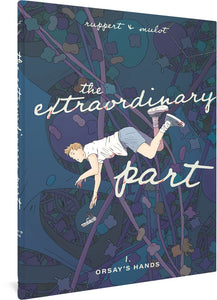 A purple, gray, blue, and brown illustration of a sort of psychadelic space. A young man in a white shirt, blue shorts, and socks and shoes with bloodstains on them falls through the space, a gun falling next to him. The title and author's names are superimposed.