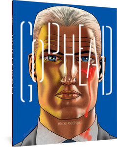 The cover to Godhead 1 by Ho Che Anderson, featuring a close-up portrait of a blue-eyed man in a business suit with slicked-back hair. A cut appears under his left eye and bleeds down his face onto his collar. Superimposed are the title and author's name.