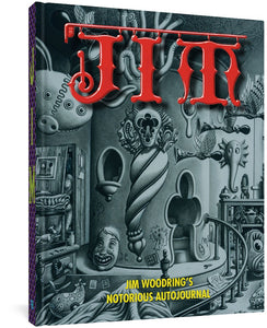 The cover to Jim: Jim Woodring's Notorious Autojournal, featuring the main title in a curly, shiny red font and the subtitle in yellow. Both are against a grayscale illustration of various strange masks and other objects. 