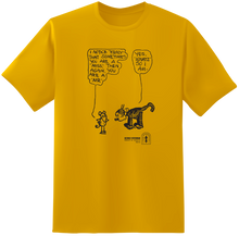 Load image into Gallery viewer, A golden yellow shirt featuring an illustration by George Herriman. Ignatz stands with his arms folded at his waist, saying, &quot;I notice &#39;Krazy&#39; that sometimes you are a &#39;Miss,&#39; then again, you are a &#39;Mr.&#39; Krazy responds, &#39;Yes, &#39;Ignatz.&#39; So I am.&quot; In the lower corner of the illustration is text reading George Herriman, Krazy and Ignatz, 1914 next to the Fantagraphics logo.
