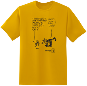 A golden yellow shirt featuring an illustration by George Herriman. Ignatz stands with his arms folded at his waist, saying, "I notice 'Krazy' that sometimes you are a 'Miss,' then again, you are a 'Mr.' Krazy responds, 'Yes, 'Ignatz.' So I am." In the lower corner of the illustration is text reading George Herriman, Krazy and Ignatz, 1914 next to the Fantagraphics logo.