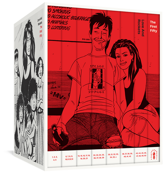 The cover to Love and Rockets: The First Fifty: The Classic 40th Anniversary collection. The image features a slipcase on which the title and illustrations of characters are printed, and the spines of the eight books included feature an image of two characters sitting on a bench, one looking drunk with a bottle in his hand. 
