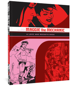 Maggie the Mechanic cover image, featuring various scenes from the comic in red and pink.