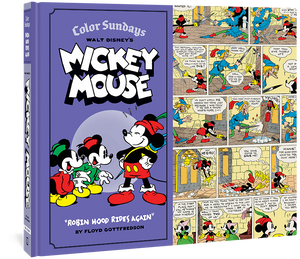 Walt Disney's Mickey Mouse Color Sundays "Robin Hood Rises Again" cover image. The cover is purple and features Mickey Mouse dressed as Robin Hood standing proudly before two mouse children, as well as some panels from inside the comic.