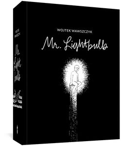 Mr. Lightbulb cover image, featuring a white figure sitting atop a tall pillar. The figure appears to radiate white light against a completely black background.