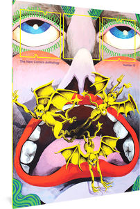 The cover to Now #12, featuring an illustration of a human face with green eyebrows, lashes, and hair extremely close. The figure has their eyes rolled up and their mouth open. Yellow demons with long fingers fly out of the figure's mouth.