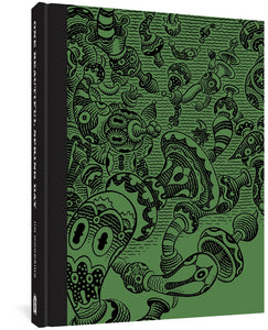 The cover to One Beautiful Spring Day hardcover, featuring an illustration by Jim Woodring of various strange and almost psychedelic shapes over a green background.
