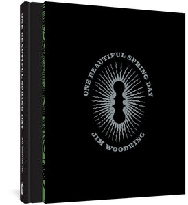 An image of the One Beautiful Spring Day Hardcover edition inside the slipcase. The slipcase is black and features the title and Jim Woodring's name in silver, surrounding a keyhole-like image giving off squiggly lines.