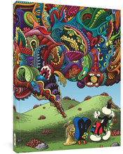 Load image into Gallery viewer, The cover to One Beautiful Spring Day by Jim Woodring, without the book jacket. The illustration features a dazzling, brightly colored illustration of various almost psychedelic shapes in a blue sky over green hills, where a humanoid catlike figure stands, looking surprised.
