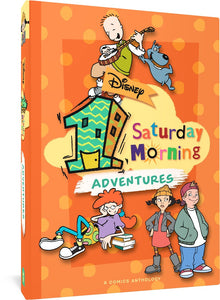 The cover to Disney One Saturday Morning adventures, featuring the logo and subtitle of "A comics anthology" against an orange background with polka dots. The cover also features Doug and Porkchop, with Doug playing a banjo, Pepper Ann lays against a stack of books, and Spinelli and TJ.