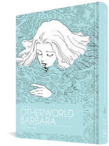 The cover to Otherworld Barbara Volume 1 by Moto Hagio, featuring the title and author's name in white. The cover illustration features a young woman submerged in water up to her neck, with her hair spread out around her and her chin above the water. Her eyes are closed, and a dark liquid, perhaps blood, drips from her mouth. She lifts one hand above the water, and either the hand or the water appears to be drippy.