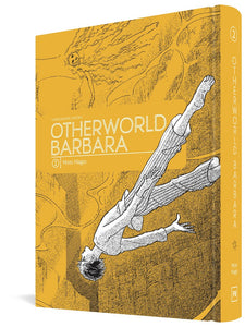 The cover to Otherworld Barbara Volume 2, featuring the title and Moto Hagio's name in white. The cover is yellow, with a young figure seeming to fall, though they look surprised or in awe rather than scared. They appear to be wearing pajamas, and their legs and arms are stretched out aerodynamically. Behind them are indistinct shapes, including what appears to be a woman.