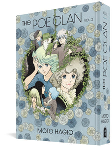 The cover to The Poe Clan Vol. 2 by Moto Hagio, featuring the title and author's name in dark blue against a light blue background covered with blue, white, and light green flowers. In the center is a wrath of green leaves encircling images of the series' characters. 