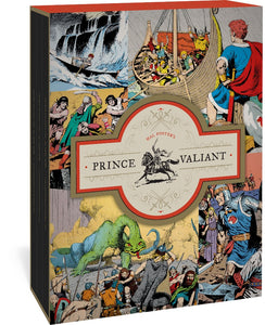 The cover to Prince Valiant Volumes 13-15 box set, featuring the title in a decorative frame broken up by Prince Valiant holding his sword aloft while galloping on a horse. Surrounding the title are scenes from this era of the series, including Prince Valiant rowing a boat near a waterfall, watching a ship arrive, and fighting a dragon.