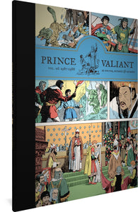 The cover to Prince Valiant Volume 26 by Foster, Murphy, and Murphy. The title and author's names appear in a blue arch in the upper third of the cover. Surrounding the title are scenes from the series, such as dogs running, two characters on a ship, characters confronting some kind of creature with surprise, an older Asian man, and two characters kissing in front of a raised platform, surrounded by people, one of whom is holding the woman's train.