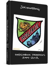 Load image into Gallery viewer, The cover to Problematic: Sketchbook drawings 2004-2012 by Jim Woodring, with the author&#39;s name and subtitle in white on a black background. The title is part of a shield design split into three diagonal sections. The first has a green background and a creature with a curled snout, many teeth, and curling tongue all in yellow. The center section is red and contains the title in black white a white shadow. The third section features a city appearing to come out of the mouth of a creature.
