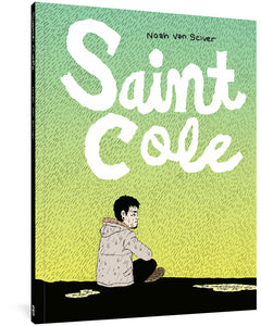 Saint Cole cover image, featuring a man in a coat seated on the dark ground in the rain. 