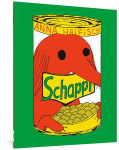 The cover to Schappi. Against a bright green background sits a can like the kind that would contain food. Above the can's label is the author's name, Anna Haifisch. The label features a red, long-nosed creature with black eyes and drooping ears seeming to hold a shield-shaped logo reading, "Schappi" in its mouth. In its paws, with thin curved claws extending from the paws, it holds a yellow bowl full of mounds of something with a speckled texture.