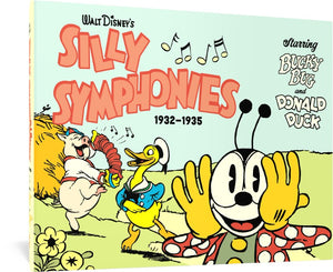 The cover to Walt Disney's Silly Symphonies 1932-1935: Starring Bucky Bug and Donald Duck, featuring the title of cartoony fonts over an illustration of Bucky Bug looking toward the camera with hands near his face, a classic illustration of Donald Duck behind him, and a pig with a hand accordion dancing and playig his instrument while walking through a field.