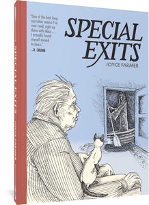 The cover to Special Exits by Joyce Farmer, featuring a quote from R. Crumb reading, "One of the best long-narrative comics I've ever read, right up there with Maus... I actually found myself moved to tears." The cover illustration features an old man with a cat on his lap looking toward a door. Through the door, a grim reaper padding a boat can be seen.