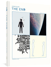 Load image into Gallery viewer, The cover to The End: Revised and Expanded edition by Anders Nilsen, featuring the title and author&#39;s name in blue against a white background. The cover also features a two-by-two grid. In the top left, a silhouette of a person is on fire. In the top right is what appears to be a photo of the earth from space against a black background. In the bottom left, what appears to be a maze. In the bottom right, two silhouettes, one masculine and one feminine, look at one another.
