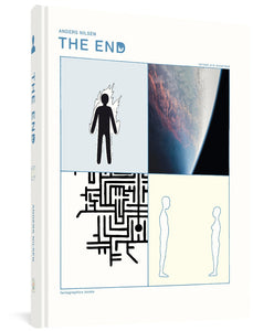 The cover to The End: Revised and Expanded edition by Anders Nilsen, featuring the title and author's name in blue against a white background. The cover also features a two-by-two grid. In the top left, a silhouette of a person is on fire. In the top right is what appears to be a photo of the earth from space against a black background. In the bottom left, what appears to be a maze. In the bottom right, two silhouettes, one masculine and one feminine, look at one another.