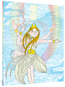 The cover of What Parsifal Saw, featuring an angelic character with four arms and three legs smiling beatifically against a blue, cloudy sky and surrounded by a transparent circular rainbow.