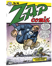 Load image into Gallery viewer, Zap Comix #16 cover image, featuring a large, suited man jumping on a green, thin violinist laying on the ground and playing for money. The man jumping says, &quot;yeah, play me dat byootiful traumerie, like my mudder yoosta sing ta me! Play it louder! Yer not pullin&#39; in enuff customers! An&#39; play it sweet! That&#39;s how dey like it!&quot; A narration box reads, &quot;It&#39;s the human condition!&quot;
