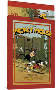 The Mickey Mouse: Zombie coffee book in its slipcover. The book slides sideways into an upright slipcover, which says "Walt Disney Mickey Mouse. Regis Loisel. Zombie Coffee." The cover features Mickey grabbing Horace by the hand and pulling him while running.