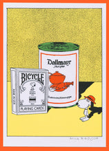 Load image into Gallery viewer, An image of the Anna Haifish bookplate, showing a Snoopy-like character in an orange hat next to a much large soup can and deck of Bicycle playing cards.
